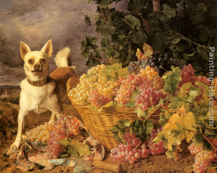 A Dog By A Basket Of Grapes In A Landscape painting - Ferdinand Georg Waldmuller A Dog By A Basket Of Grapes In A Landscape art painting